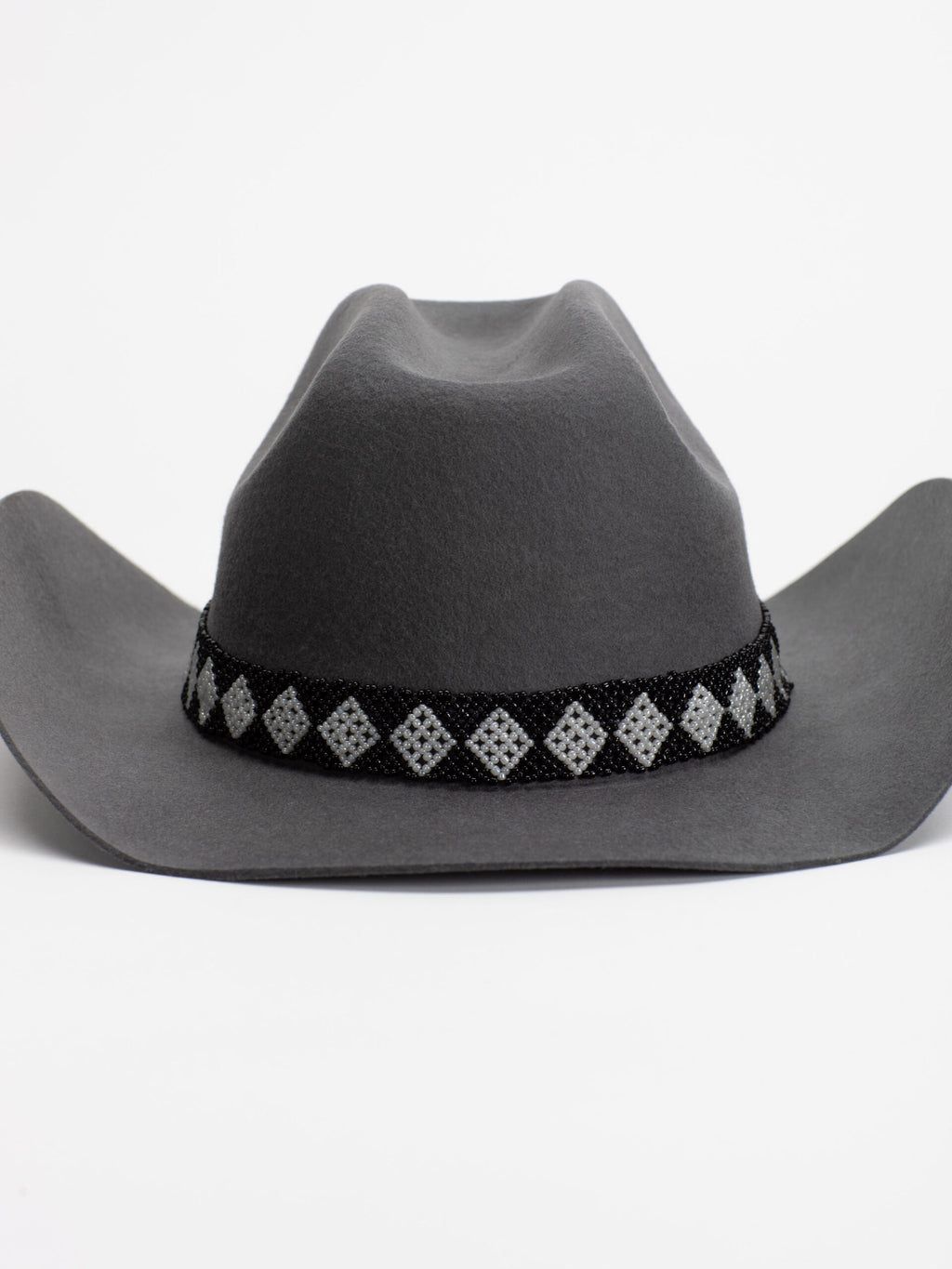 Close-up of Burera handmade cowboy hat with Rwandan beaded band, front view